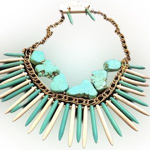 New unique  Turquoise statement necklace earrings set. Gold tone chain